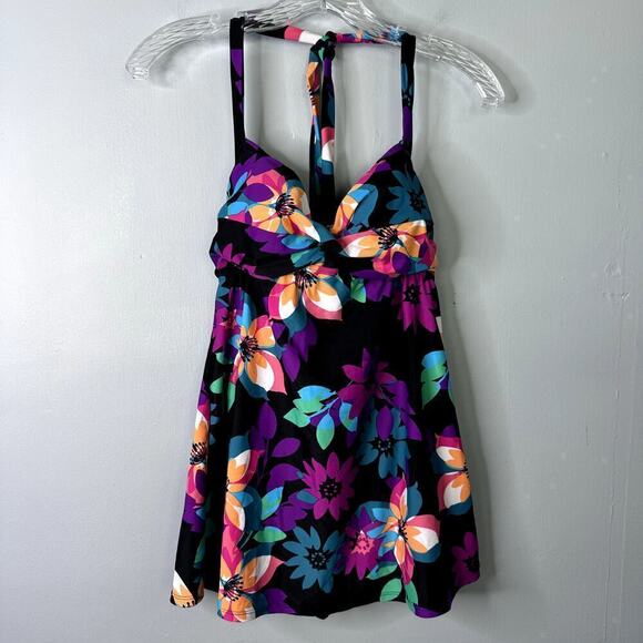 Tropical Escape Floral One Piece Halter Twist Swim Dress Black Multi Womens Sz 6 - Picture 9 of 12